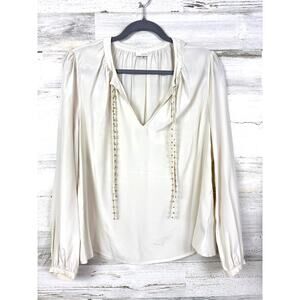 ECRU Womens L Cream Gold Beaded Silk Viscose Long Sleeve Pullover Blouse NEW
